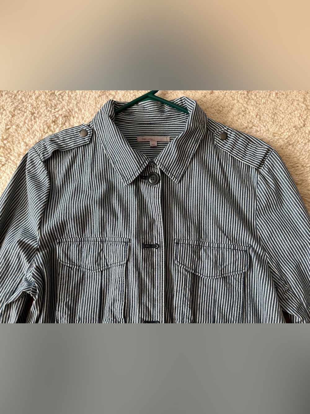 GAP Navy & White Striped Button-Front Utility Jacket Drawstring Taped Seams Sz L